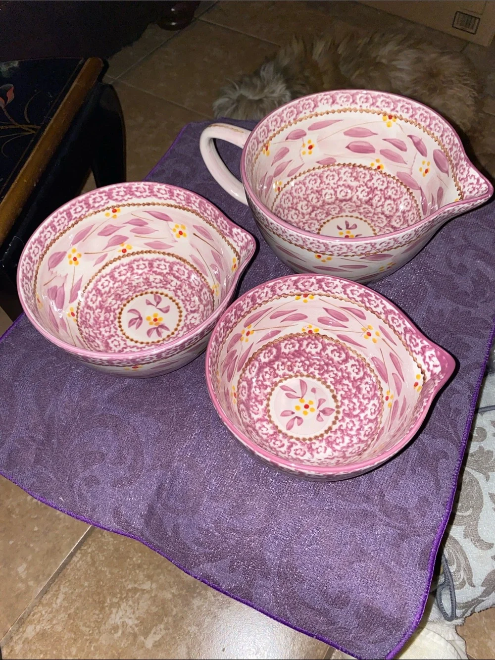 Temp-Tations 3PC Old World Pink Floral Mixing Bowls with Handle